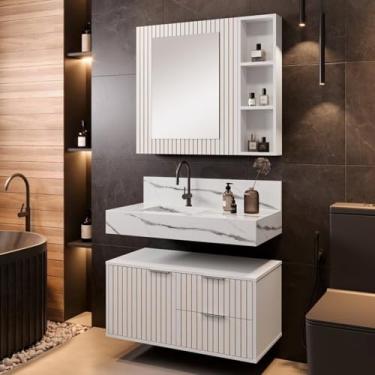 Imagem de Conjunto Para Banheiro Bancada Em Porcelanato Com Cuba Esculpida, Armário e Espelheira Ripy 80cm Branco