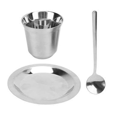 Imagem de Xícara de café de Aço Inoxidável, Parede Dupla Isolada, Ideal para Jantar Em Casa, Cozinha, Escritório, Conjunto de 80ml Com Pires e Colher para chá e Leite