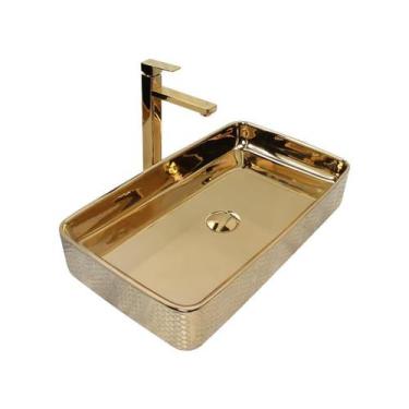 Imagem de Kit Cuba Pia Louça Cerâmica Banheiro C/Torn E Vál Dourada 76 - Smart N