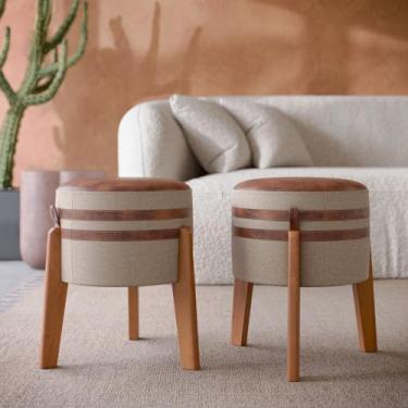 Imagem de Conjunto 2 Puff Puf Banqueta Sala Couro e Linho 45X35 - Pix- Bege