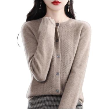 Imagem de Suéteres cardigã primavera e outono vazados de lã cardigã feminino com gola redonda suéter de caxemira tricotado sem costura camisa de fundo torre externa, camelo original, M
