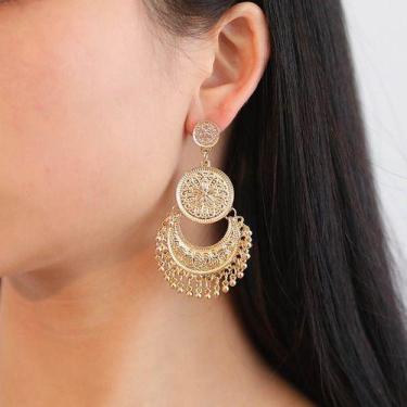 Imagem de Brinco Dourado Feminino Antialérgico Sol E Lua Lótus Mandala - Pratead