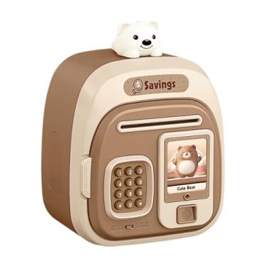 Imagem de shamjina Cofrinho eletrônico para depósito e retirada de dinheiro, caixa de poupança para meninos e meninas de 3 a 8 anos, Marrom
