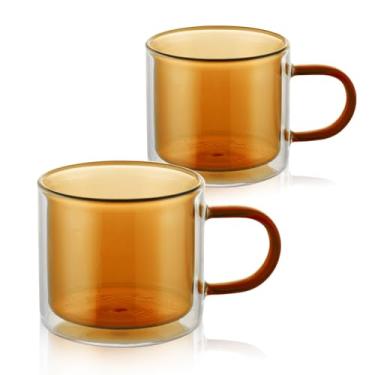 Imagem de VanEnjoy Canecas de café de vidro de parede dupla, conjunto de 2 xícaras de café expresso âmbar, caneca de vidro borossilicato colorida estética, fofa