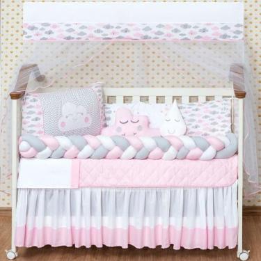 Imagem de kit berço para menina nuvem trança 11 peças com saia box rosa - BruceB