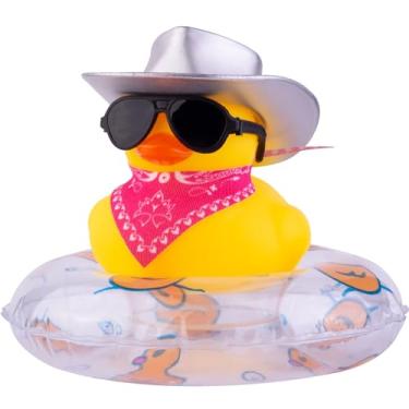 Imagem de MuMyer Enfeites de carro de pato amarelo decorações de painel de carro de pato de borracha com mini chapéu de cowboy cachecol óculos de sol anel de natação colar para decoração de painel de carro (Q21)