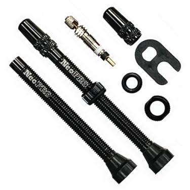 Imagem de NeoPRO Conjunto de haste de válvula Presta sem câmara de ar 40/60/65/80/100 mm com ferramenta de remoção de núcleo de valor e tampas de haste de válvula (par) serve na maioria dos aros sem câmara de ar de bicicleta (preto, 60 mm)