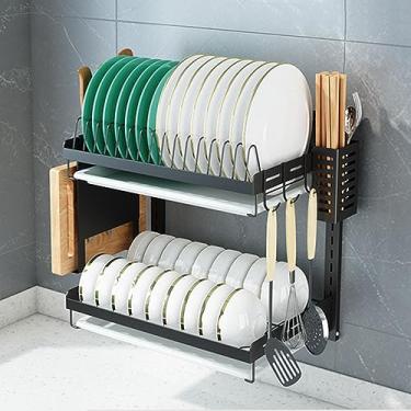 Imagem de Escorredor de louças de cozinha, suporte de parede, escorredor de louça, organizador de pratos de cozinha de 2/3 níveis, prateleira de armazenamento com bandeja de drenagem, suporte de faca e gaiola