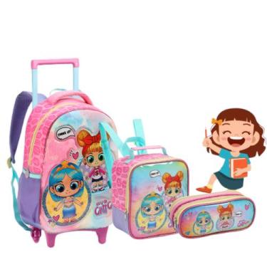 Imagem de Kit Mochila Rodinha Infantil Feminino Grande Menina C/ Alça - DENLEX