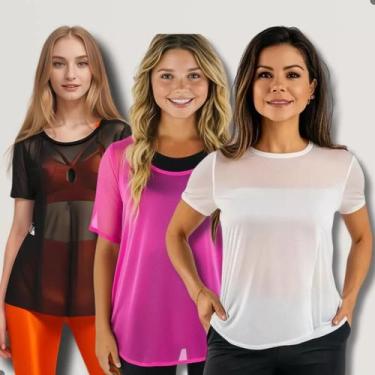 Imagem de Kit 3 Blusa Tule Feminina Academia Transparente Tshirt Lisa - Contramã