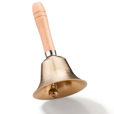 Imagem de TIPTAP Sino de mão de latão sólido alto, campainha de chamada de mão de 8 cm com cabo de madeira, sinos de toque para casamento, treinamento de animais, jantar, meditação, ensino musical, serviço e