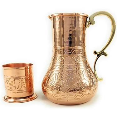 Imagem de DEDE Copper - Série KBS – Jarro de 1,275 g e copo de 218 g, cobre sólido puro gravado e martelado feito à mão, jarro de coquetel Moscow Mule, jarra de água noturna de mesa/cabeceira, jarra e copo de