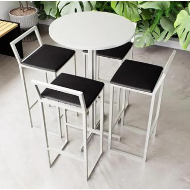 Imagem de Conjunto Mesa Alta Bar Bistrô Redonda Branca 4 Banquetas Confort Estofado Industrial White (Preto)