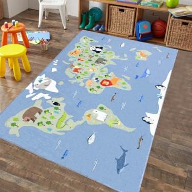 Imagem de Lacomfy Tapete de área com mapa do mundo, 10 x 15 cm, grande, educativo, sala de jogos, continentes, oceanos, mapa-múndi para quarto, berçário, antiderrapante, lavável, tapete azul, azul