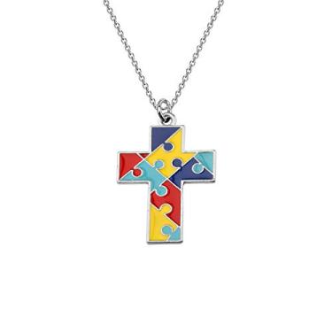 Imagem de CENWA Colar com cruz de autismo, presente de conscientização de Asperger para mãe cristã autista/professora de autismo/autista, Metal