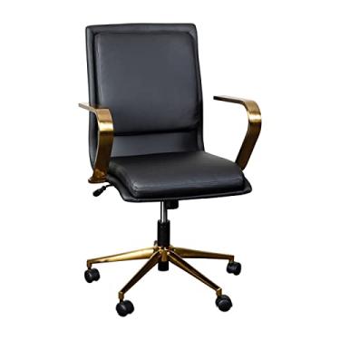 Imagem de Flash Furniture Cadeira executiva James Mid-Back Designer – Estofamento em couro preto – Base e braços dourados escovados – Altura ajustável 360° assento giratório