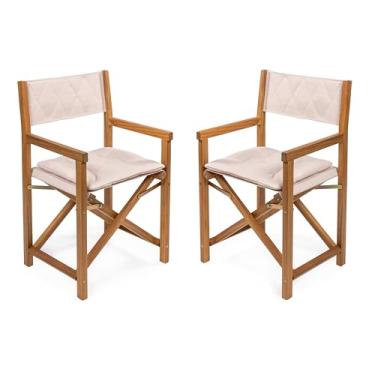 Imagem de JONATHAN Y DRC1002A-SET2 Waldo Classic Mid-Century Outdoor Madeira de Acácia Dobrável Diretor com Diamante Acolchoado com Almofada Moderna, Vintage, Bohemian, Coastal, Bege/Teak Brown (conjunto de 2)