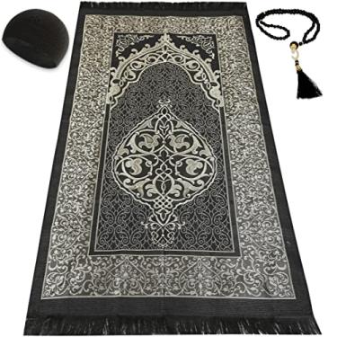 Imagem de Kapobia Tapete de oração muçulmano contas de oração chapéu Kufi para homens e mulheres 100% respirável gorro de caveira preto tradicional design tapete de oração Eid Ramadan presentes islâmico conjunto salah tapete tafetá tecido macio (preto)