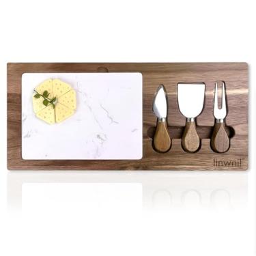 Imagem de Tábua de queijo de mármore e madeira de acácia de 43 cm x 19,6 cm com ferramentas, tábuas de charcutaria, travessas e bandejas de madeira