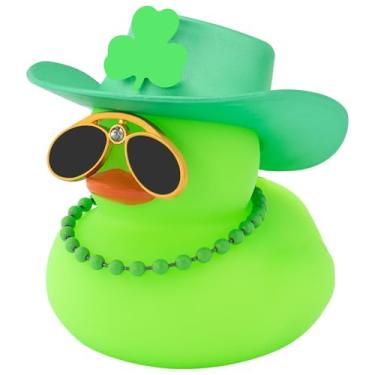 Imagem de wonuu Pato de borracha para carro de Dia de São Patrício, decorações de painel, chapéu de trevos verdes, pato para enfeites de carro, acessórios de patos (chapéu verde, corrente verde, pato verde)