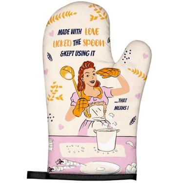 Imagem de Swooflia Luvas de forno engraçadas resistentes ao calor para mulheres - Luvas de cozinha longas e resistentes, acessórios 100% algodão grosso feito com amor