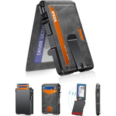 Imagem de Carteira masculina minimalista de 9 a 13 cartões, fina e compacta com clipe para dinheiro e janela para identidade, carteira de cartão pop-up inteligente com bloqueio de RFID, porta-cartão de crédito