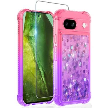 Imagem de Guzhthi Capa para Pixel 8A: Capa de telefone de canto à prova de choque de areia movediça líquida com glitter transparente para Google Pixel 8A com protetor de tela de vidro temperado - rosa e roxo
