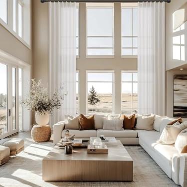 Imagem de Cortinas de linho creme natural plissadas extra longas 40 cm de comprimento para sala de estar, teto alto, filtro de luz, semitransparentes, pregas, anéis, abas traseiras, cortinas de janela 102 x 192