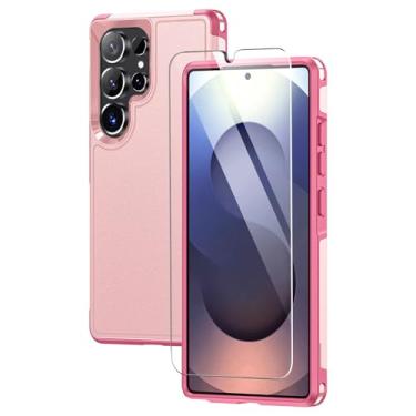 Imagem de Lanhiem Capa para celular Samsung Galaxy S25 Ultra com protetor de tela de vidro temperado, absorção de choque, capa antiarranhões à prova de choque para Samsung S25 Ultra, rosa