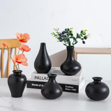 Imagem de Tenforie Vaso de cerâmica preto, conjunto de 5 vasos pequenos, mini vasos a granel para flores, vaso decorativo para decoração de casa, vasos boho para decoração de casamento, sala de estar, mesa de