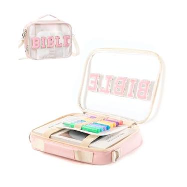 Imagem de Telawsfun Capa Para Bíblia Com Letras Grandes De Chenille, Bolsa Porta-Bíblia Rosa Com Alça De Ombro, Lindas Capas Para Carregar A Bíblia Para Mulheres, Adolescentes E Meninas (Transparente)