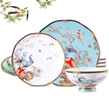 Imagem de ACMLIFE Conjunto de louça Bone China, conjunto de louça de porcelana fina floral vintage, conjunto de louça de porcelana para 4, azul claro, conjunto de 12 peças, conjunto de jantar leve de osso da