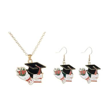 Imagem de Conjunto de joias de boné de formatura engraçado esmaltado chapéu de formatura universitário parabéns livro de graduação flores brincos pendentes colar para mulheres amizade BFF estudantes ensino