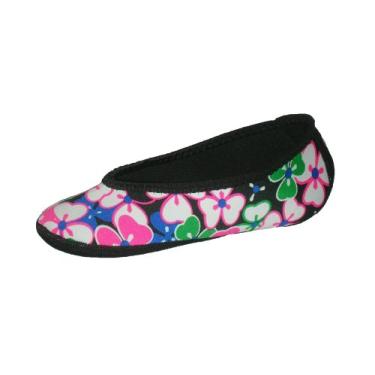 Imagem de NuFoot Sapatilhas bailarinas femininas, sapatilhas dobráveis e flexíveis, meias de chinelo, chinelos de viagem e sapatos de exercícios, sapatos de dança, meias de ioga, sapatos para casa, chinelos para ambientes internos, flores pretas, pequenas