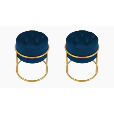 Imagem de Kit 2 Puff Banqueta Estofado Decorativo Base De Ferro Capitonê Suede Azul Marinho Eli Móveis E Decoração