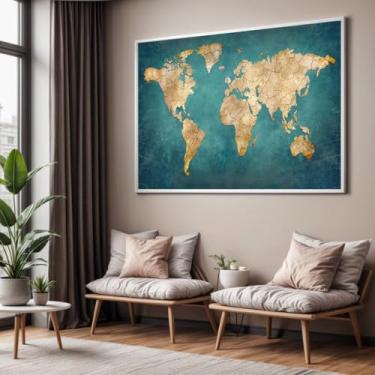 Imagem de Quadro com Moldura Sala Quarto 130x90 Mapa Mundi Verde Decorativo Horizontal Grande Hall