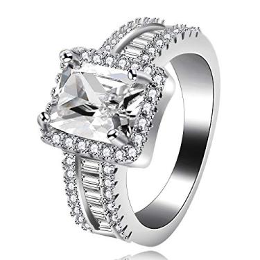 Imagem de Anéis de noivado Uloveido banhados a platina com zircônia cúbica retangular para mulheres e meninas Y590 Branco