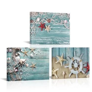 Imagem de PoGoXiPoYo 3 peças de arte de parede náutica impressões em tela oceano estrela do mar concha imagens rede de pesca grão de madeira arte moderna para decoração pronta para pendurar 30,5 x 40,6 cm x 7,5
