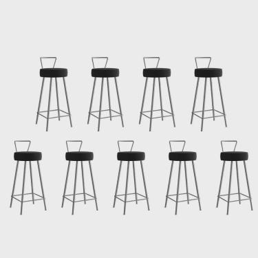 Imagem de Kit 09 Banqueta Alta Com Encosto Tais Eiffel Cozinha Bar Bistrô Ferro Prata Suede Preto - Ahz Móveis