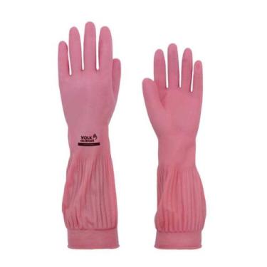 Imagem de Luva de Segurança Látex Ranhurada Rosa Volk Punho Longo Limpeza Cozinh