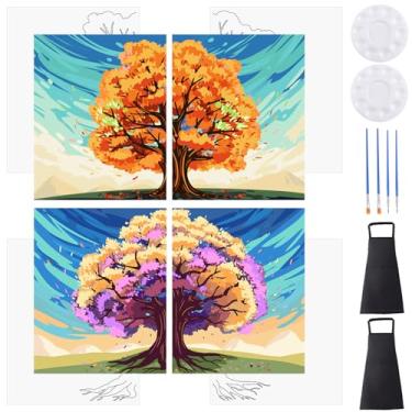Imagem de HICOHAND Tela pré-desenhada, 4 peças, tema de árvore, tela pré-desenhada para pintar para adultos, kit de pintura abrangente para adultos e festas de casais