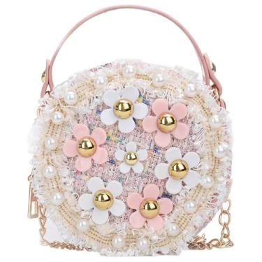 Imagem de Bolsa infantil para meninas, bolsa transversal com flores de pérolas, bolsa redonda com alça fofa bolsa tiracolo infantil, Rosa, standard