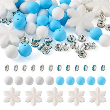 Imagem de Magibeads 65 contas de silicone redondas de 15 mm - branco, azul floco de neve focal, strass espaçador, contas espaçadoras - artesanato de Natal de inverno, caneta faça você mesmo, chaveiro, cordão