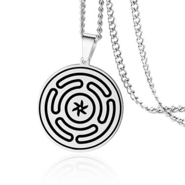 Imagem de VASSAGO Colar de roda de Hécate, aço inoxidável, tripla, lua, deusa, hekate, estrofalos, pingente pagão, wicca, amuleto, joia para mulheres e homens, Medium, Aço inoxidável, Sem Pedra Preciosa