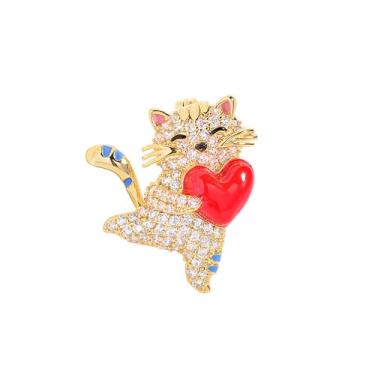 Imagem de Broche de gato fofo delicado animal de estimação gatinho animal de estimação pinos de lapela corações vermelhos strass pequenos broches xaile clipe broche para mulheres vestido de pano acessório