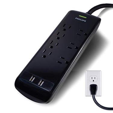 Imagem de Protetor de sobretensão Philips 7 tomadas, 2 portas USB, cabo de extensão de 4 pés, tira de energia, 1440 Joules, 2,4 AMP/12 Watt, 3 saídas espaçadas com adaptadores, plugue liso, montagem em parede, ETL listado, preto, SPP6270BC/37