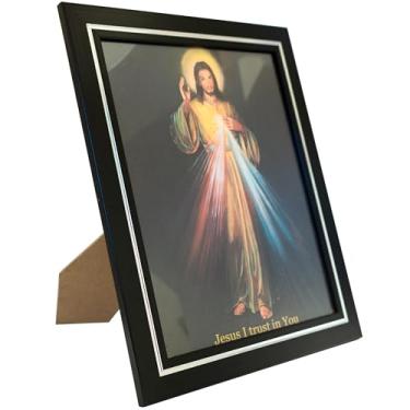 Imagem de Impressão emoldurada Divine Mercy | Moldura preta com bordas prateadas | "Jesus I Trust in You" | Decoração de casa cristã | Ótimo presente católico para confirmação