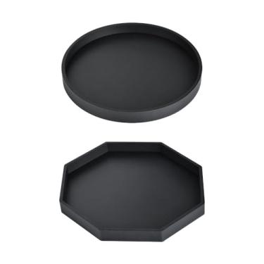 Imagem de 2 bandejas de silicone para banheiro, 1 peça redonda e 1 peça octogonal para exibição de joias de banheiro, bandeja multifuncional de armazenamento de bancada para banheiro e cozinha, 18 cm, preta