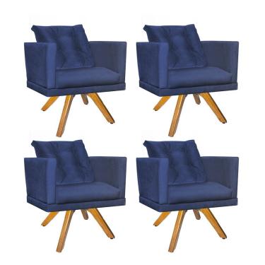 Imagem de Kit 04 Poltrona Cadeira Kim Luxo Confort Giratória Castanho Com Almofada Solta Suede Azul Marinho