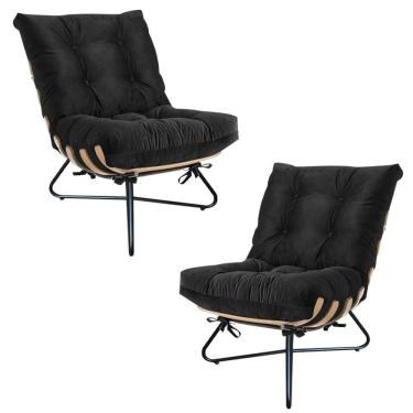 Imagem de Kit 02 Poltronas Costela Madeira X Pés Cruzados Sala Escritório Suede Preto